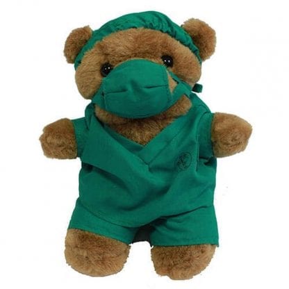 doctor teddy bear in green surgeon scrubs